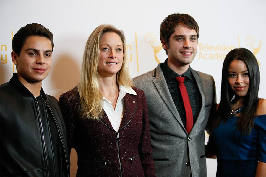 Jake T. Austin, Teri Polo, David Lambert and Cierra Ramirez on the red carpet at An Evening with The Fosters in Los Angeles, California.