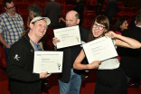 Ben Cook, R. Russell Smith, and Onnalee Blank show off their nomination certificates at the Sound Editing and Sound Mixing nominee reception, September 8, 2016 at the Saban Media Center in North Hollywood, California.