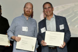 2016 nominees Ben Patrick and Elmo Ponsdomenech proudly display their nomination certificates at the Sound Editing and Sound Mixing nominee reception, September 8, 2016 at the Saban Media Center in North Hollywood, California.