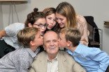 Bob Newhart gets a birthday kiss from his grandchildren at The Rise of the Cerebral Comedy: A Conversation with Bob Newhart, presented Tuesday, Aug. 8, 2017, at the Television Academy&#039;s Wolf Theater at the Saban Media Center in North Hollywood, California