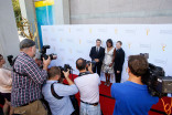 Television Academy chairman and CEO Bruce Rosenblum, Governor&#039;s Award recipient Pat Harvey, and Television Academy president and COO Maury McIntyre at the 67th Los Angeles Area Emmy Awards cocktail party July 25, 2015, at the Skirball Cultural Center in L