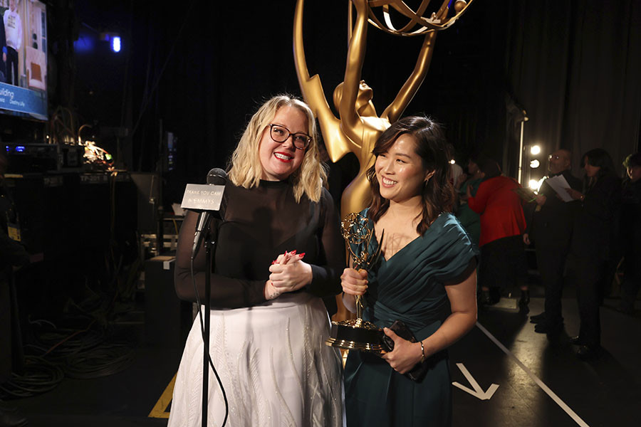 Claire Koonce and Charlene Lee from the casting team of Beef backstage at the 75th Creative Arts Emmy Awards 