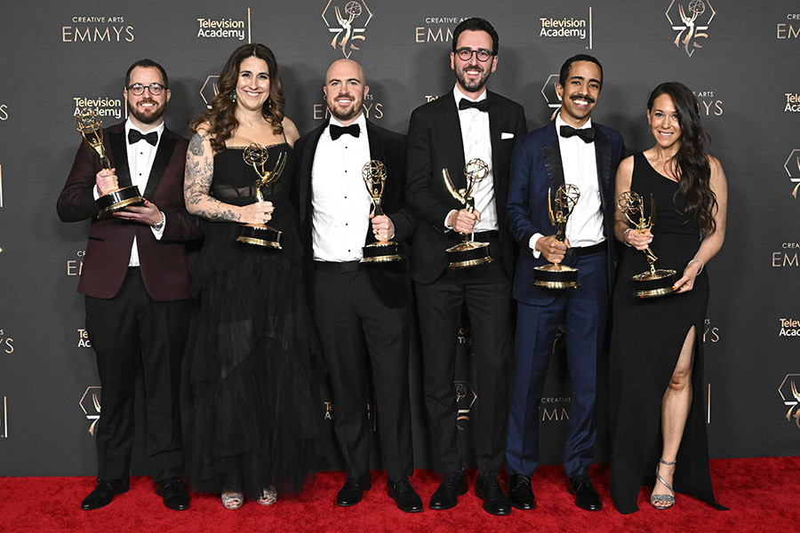 The team of Succession backstage at the at the 75th Creative Arts Emmy Awards