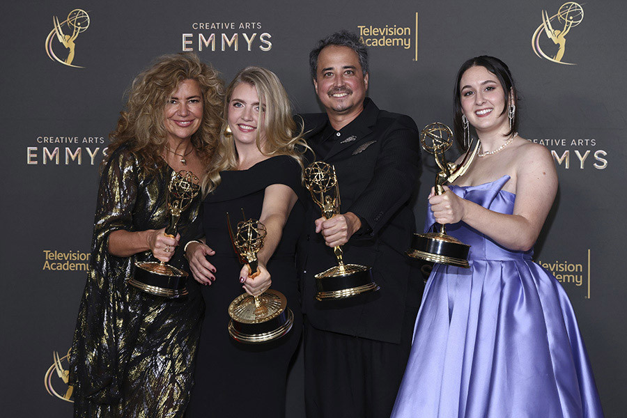 Kenna McCabe, Melanie Pimentel, Joel Kazuo Knoernschild and Andie Newell of Shogun backstage at 76th Creative Arts Emmy Awards