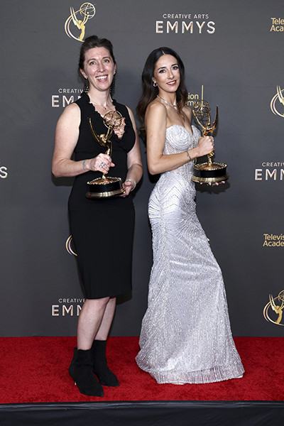 Alana Billingsley and Margaux Lapresle backstage with their award for Outstanding Production Design for a Variety Special for The Oscars at the 76th Creative Arts Emmy Awards