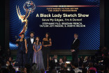 Stephanie Filo, Bradinn French and Taylor Joy Mason of A Black Lady Sketch Show accept the award for Outstanding Picture Editing for Variety Programming at the 2022 Creative Arts Emmy Awards. 