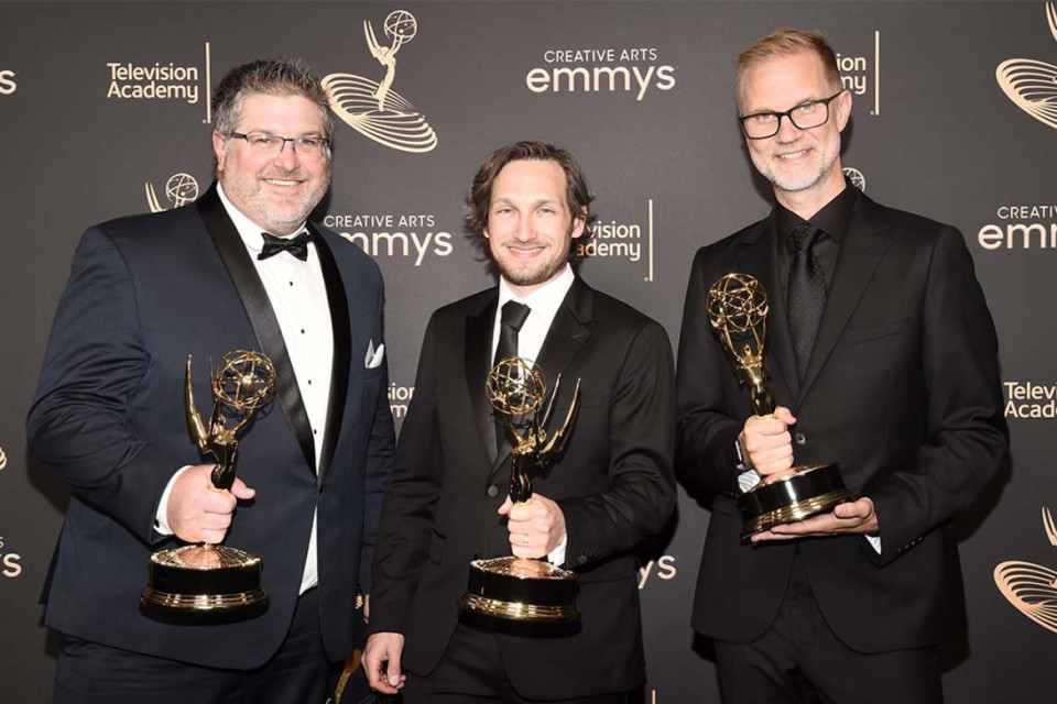 The team from Adele: One Night Only backstage at the 2022 Creative Arts Emmy Awards.