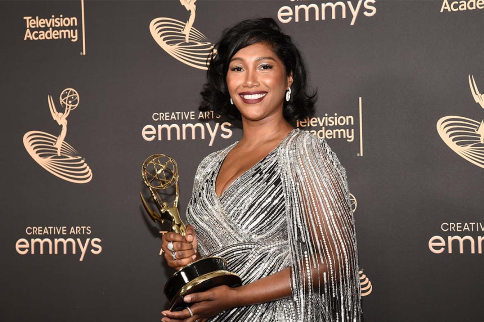 Taylor Simone Ledward Boseman backstage at the 2022 Creative Arts Emmy Awards.
