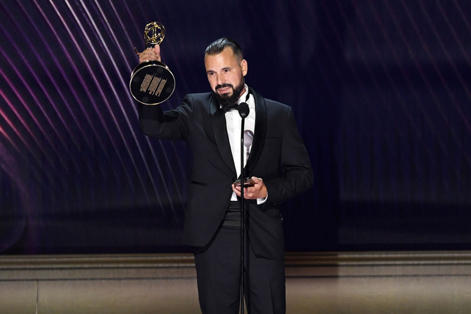 Bruno Couchinho of Arcane accepts the award for Outstanding Achievement in Animation at the 2022 Creative Arts Emmy Awards.