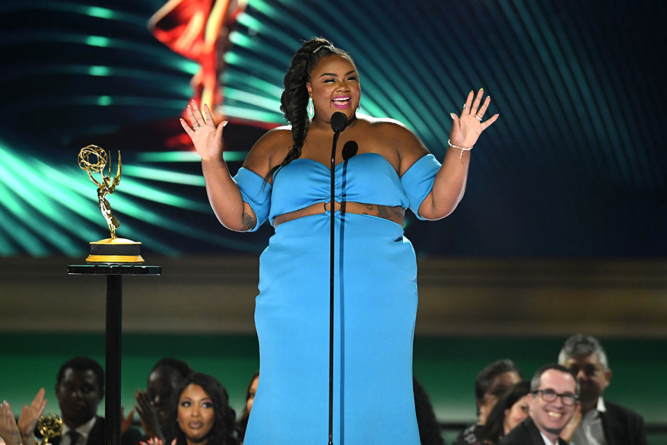 Nicole Byer presents the award for Outstanding Production Design for a Variety, Reality or Competition Series at the 2022 Creative Arts Emmy Awards.