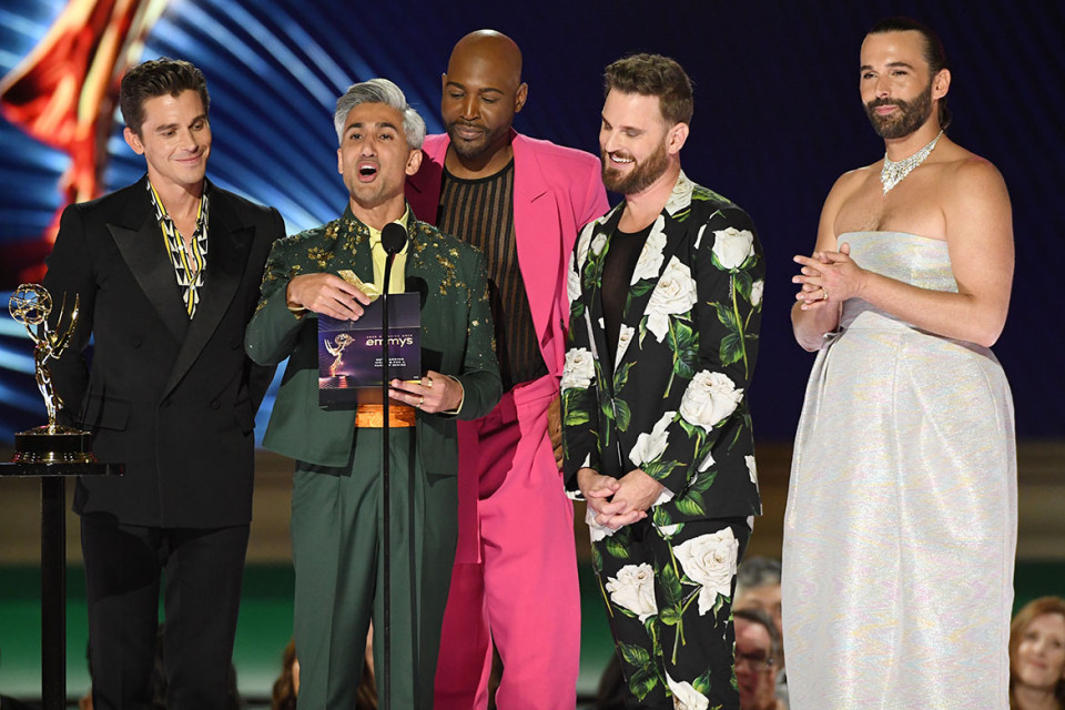 Queer Eye hosts Antoni Porowski, Bobby Berk, Jonathan Van Ness, Karamo Brown and Tan France present the award for Outstanding Documentary or Nonfiction Series at the 2022 Creative Arts Emmy Awards.