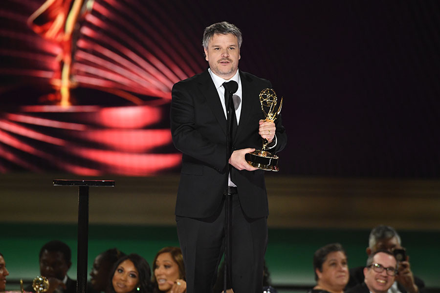 Jabez Olssen of The Beatles: Get Back accepts the award for Outstanding Picture Editing for a Nonfiction Program at the 2022 Creative Arts Emmy Awards.