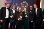 The team from The Beatles: Get Back backstage at the 2022 Creative Arts Emmy Awards.
