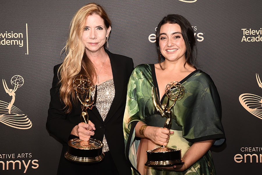Shelley Rodgers and Maria Garcia of The Pepsi Super Bowl LVI Halftime Show Starring Dr. Dre, Snoop Dogg, Mary J. Blige, Eminem, Kendrick Lamar, and 50 cent backstage at the 2022 Creative Arts Emmy Awards.