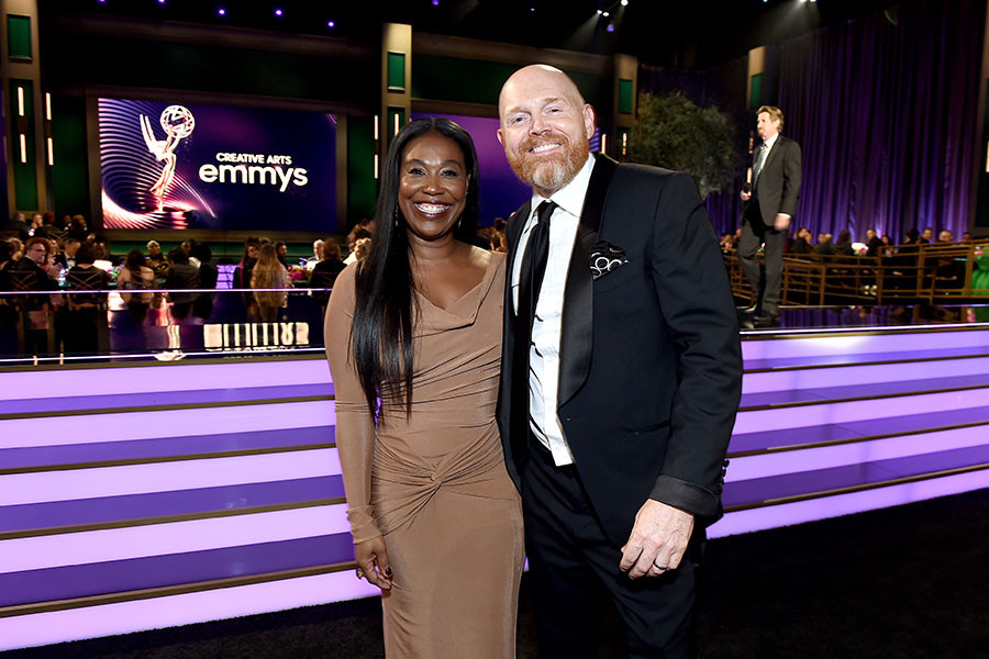 Nia Renee Hill of F Is For Family and Bill Burr of Bill Burr Presents Immoral Compass backstage at the 2022 Creative Arts Emmy Awards.