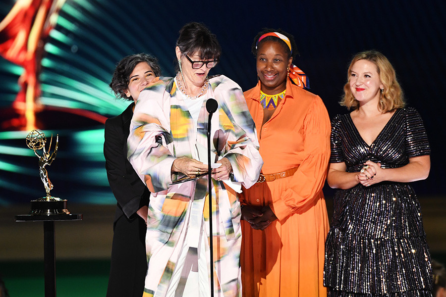Anna Cavaliere, Sharon Long, Viveene Campbell and Bobbie Edwards of The Great accept the award for Outstanding Period Costumes at the 2022 Creative Arts Emmy Awards.