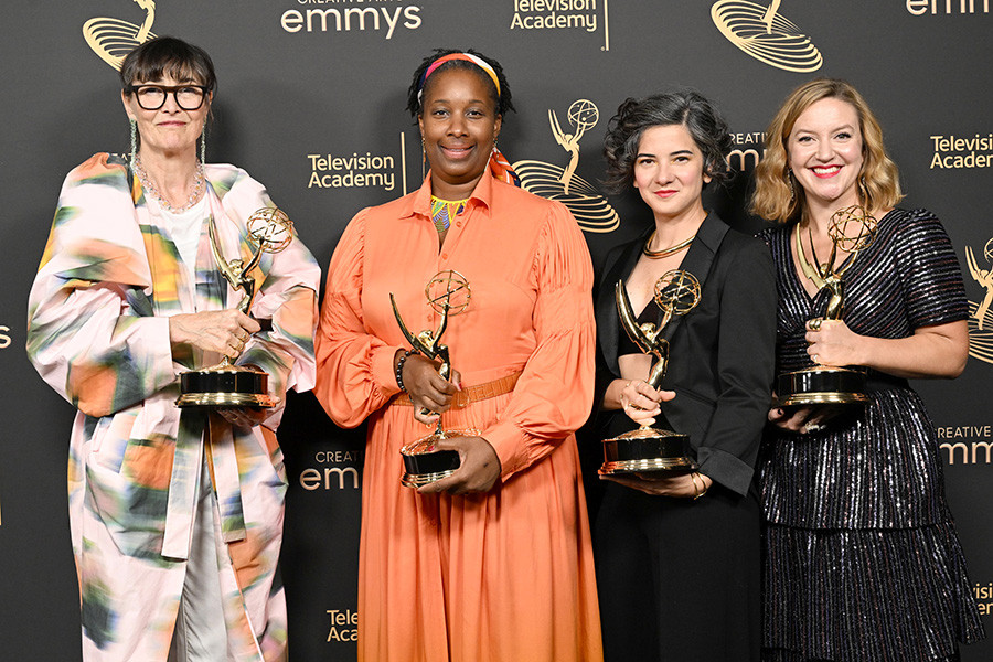 Sharon Long, Viveene Campbell, Anna Cavaliere, and Bobbie Edwards of The Great backstage at the 2022 Creative Arts Emmy Awards