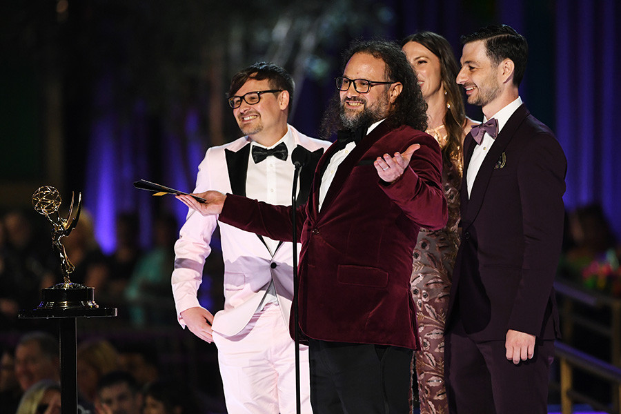 The team from Euphoria accepts the award for Outstanding Single-Camera Picture Editing for a Drama Series at the 2022 Creative Arts Emmy Awards.