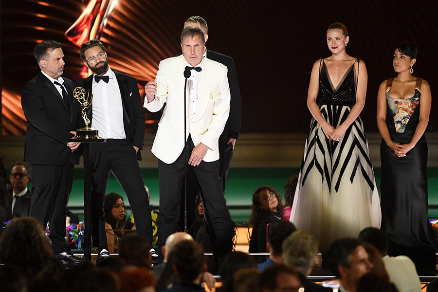 Christian P. Minkler, Ryan Collins and Walter Anderson of The White Lotus accept the award for Outstanding Sound Mixing for a Limited or Anthology Series or Movie at the 2022 Creative Arts Emmy Awards.