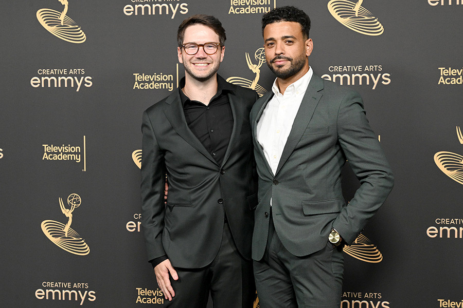 James Caverly and Ryan Broussard of Only Murders in the Building backstage at the 2022 Creative Arts Emmy Awards.