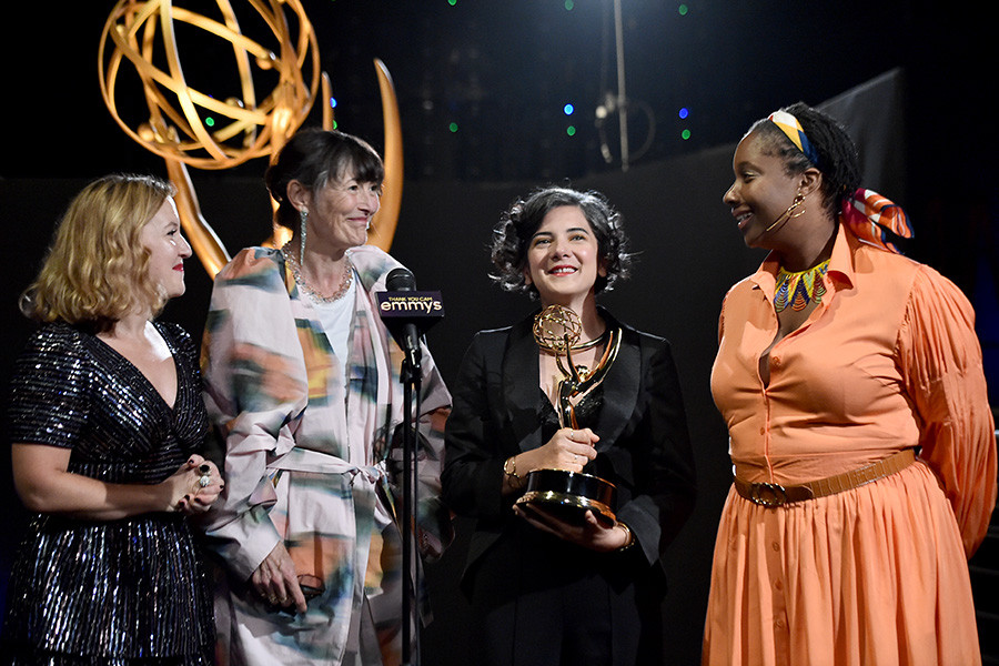Bobbie Edwards, Sharon Long, Anna Cavaliere, and Viveene Campbell of The Great backstage at the 2022 Creative Arts Emmy Awards.