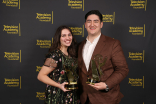 Madison Hill and Andrew Kamman Rhee of Brigham Young University pose with the commercial, PSA or promo award for &quot;Ebay - Dear Vanessa&quot;