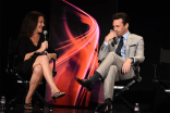 Panel moderator Debra Birnbaum and Jon Hamm onstage at &quot;A Farewell to Mad Men,&quot; May 17, 2015 at the Montalbán Theater in Hollywood, California.