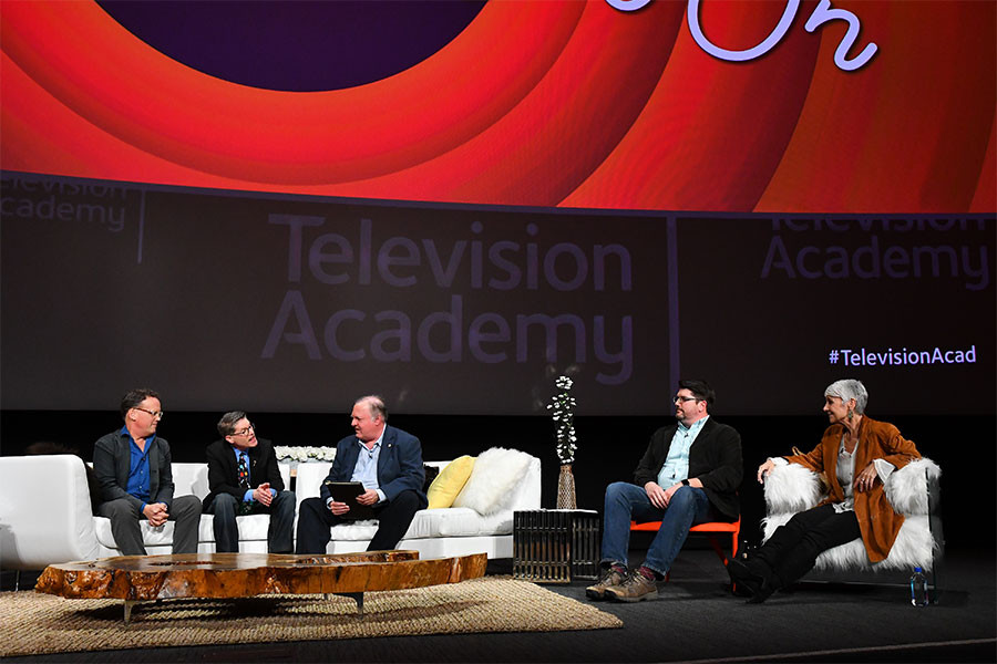 Dee Bradley Baxter, Bob Bergen, Mark Evanier, Matt Craig and Andrea Romano onstage at &quot;But the Characters Live On!&quot; in the Wolf Theatre at the Saban Media Center in North Hollywood, California, March 2, 2017. 