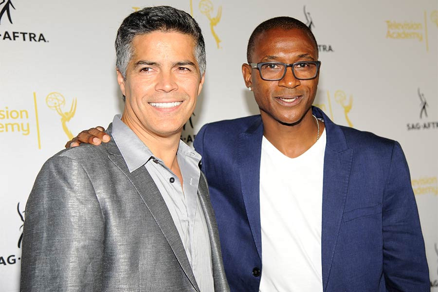 Esai Morales and Tommy Davidson arrive at Dynamic and Diverse: A 66th Emmy Awards Celebration of Diversity at the Television Academy in North Hollywood, California.