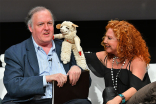 Mallory Lewis and Lambchop greet Mark Evanier at &quot;But the Characters Live On!&quot; in the Wolf Theatre at the Saban Media Center in North Hollywood, California, March 2, 2017. 