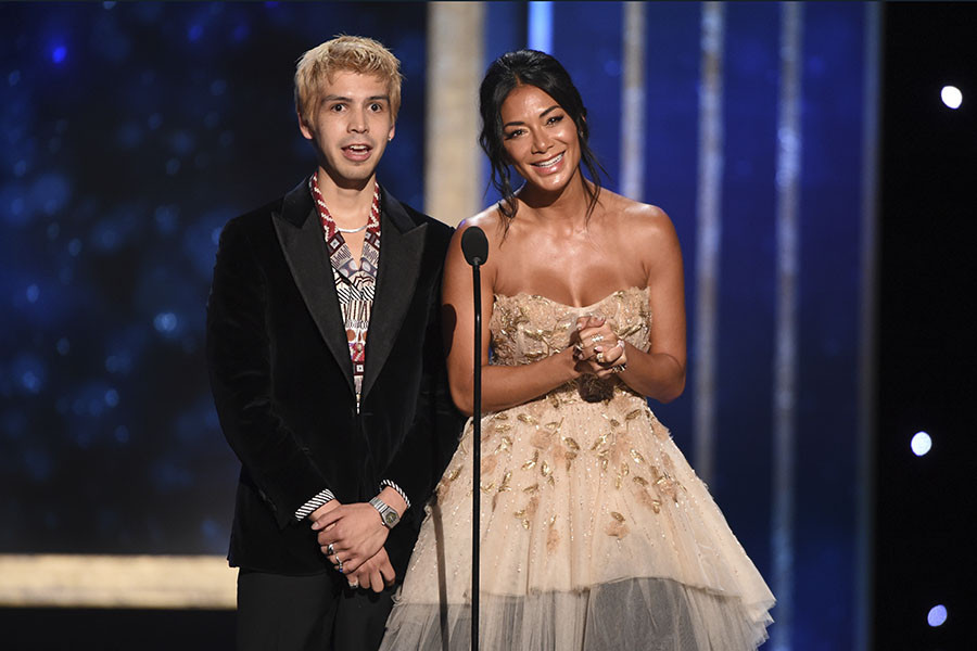 Julio Torres and Nicole Scherzinger on stage at the 2019 Creative Arts Emmys.
