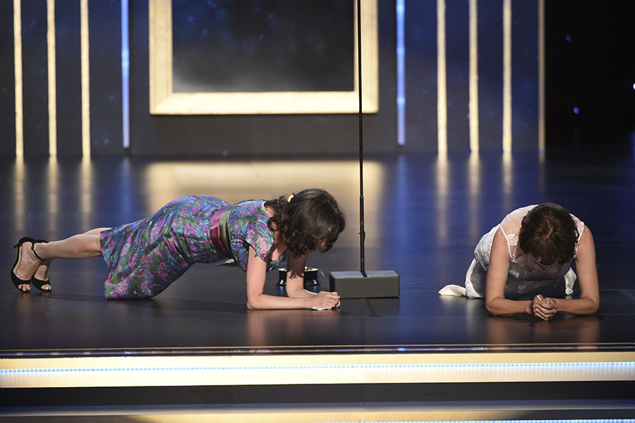 Julie Cohen and Betsy West plank on stage at the 2019 Creative Arts Emmys.