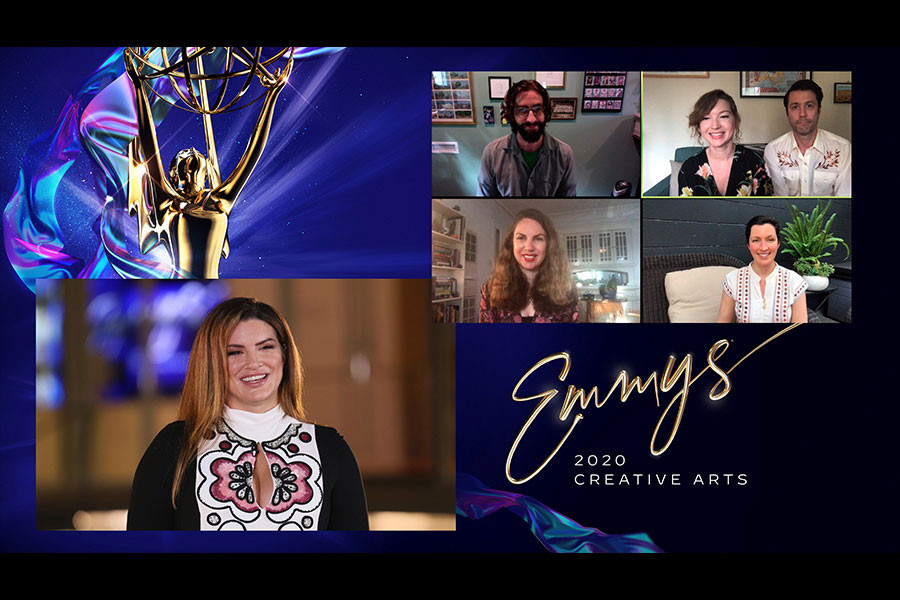 Gina Carano presents the award for Outstanding Picture Editing For An Unstructured Reality Program to Mark Morgan, Arielle Kilker, David Nordstrom, Kate Hackett and Sharon Weaver for Cheer at Night One of the Creative Arts Emmys.