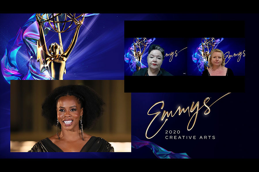 Brandee Evans presents the Emmy for Outstanding Contemporary Costumes to Debra Hanson and Darci Cheyne for Schitt&#039;s Creek on Night Five of the Creative Arts Emmys. 