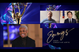 Jeremy Pope presents the Emmy for Outstanding Main Title Design to Mason Nicoll and Peter Pak for Godfather Of Harlem on Night Five of the Creative Arts Emmys. 