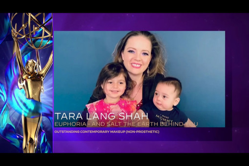 Tara Lang Shah accepts the Emmy for Outstanding Contemporary Makeup (Non-Prosthetic) for Euphoria on Night Five of the Creative Arts Emmys. 