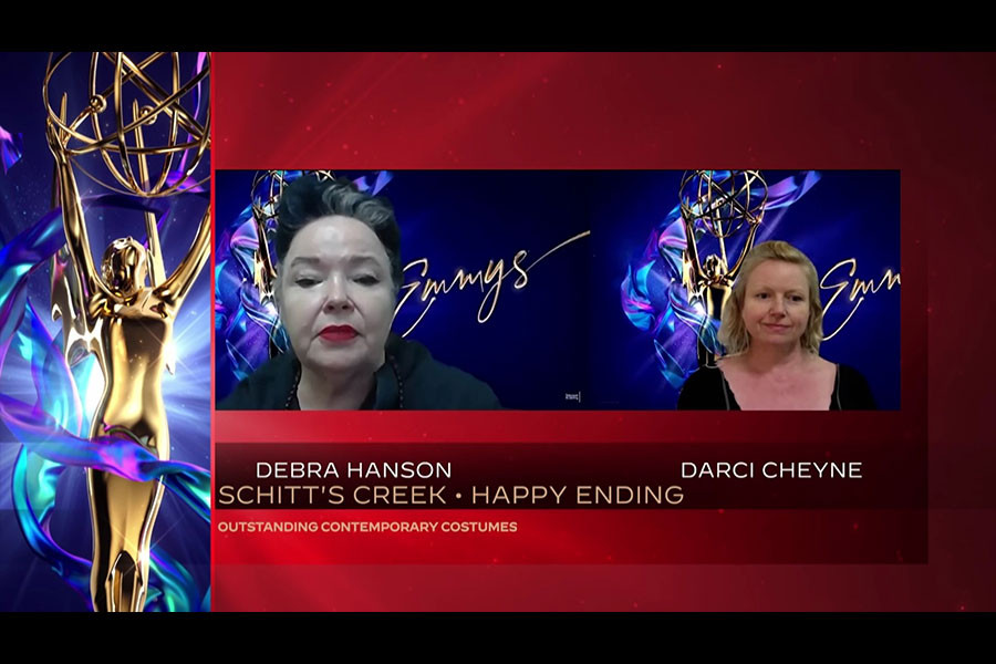 Debra Hanson and Darci Cheyne accept the award for Outstanding Contemporary Costumes for Schitt's Creek on Night Five at the Creative Arts Emmys.