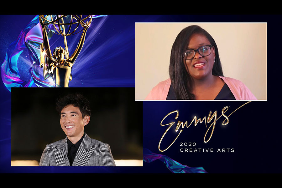 Justin H. Min presents the award for Outstanding Single-Camera Picture Editing For A Comedy Series to Lynarion Hubbard for Insecure on Night Five of the Creative Arts Emmys.