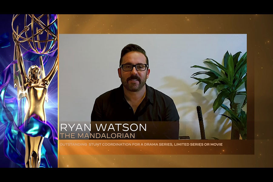 Ryan Watson accepts the Emmy for Outstanding Stunt Coordination For A Drama Series, Limited Series Or Movie for The Mandalorian on Night Five of the Creative Arts Emmys. 