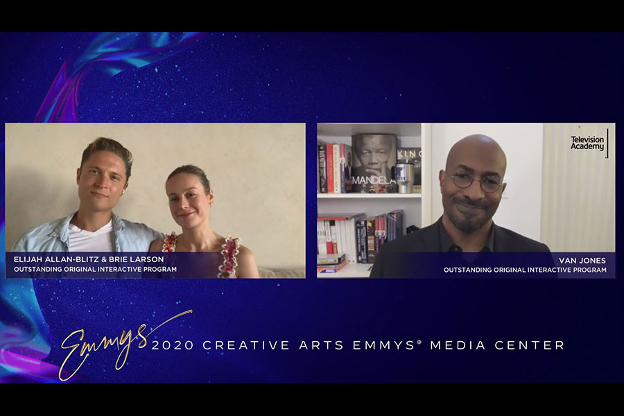 Elijah Allan-Blitz, Brie Larson, and Van Jones discuss their win in the 2020 Creative Arts Emmy Awards Media Center on Saturday, September 19, 2020.