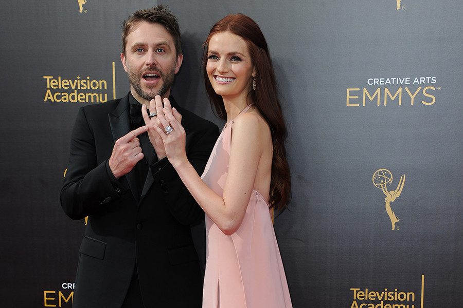 Chris Hardwick and Lydia Hearst arrive on the red carpet for the 2016 Creative Arts Emmys. 