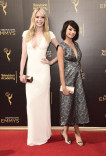 Riki Lindhome and Kate Micucci arrive on the red carpet at the 2016 Creative Arts Emmys. 