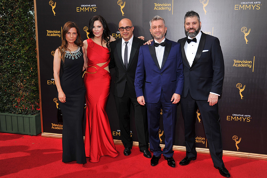 Lati Grobman, Christa Campbell, David Dinerstein, Dan Tolmer, and Evgeny Afineevsky on the red carpet at the 2016 Creative Arts Emmys.