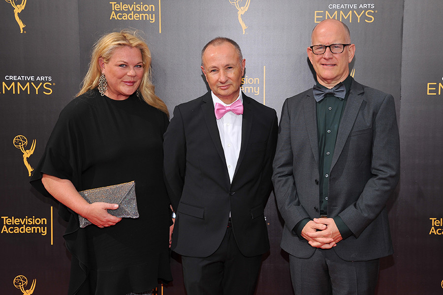 Katharina Otto-Bernstein, Fenton Bailey, and Randy Barbato on the red carpet at the 2016 Creative Arts Emmys.