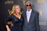 Lori McCreary and Morgan Freeman on the red carpet at the 2016 Creative Arts Emmys.