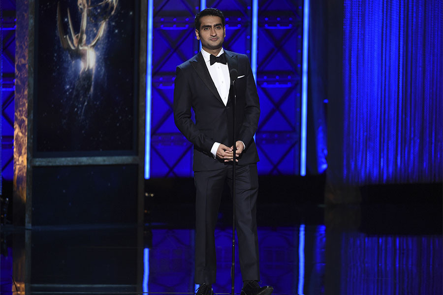 Kumail Nanjiani on stage at the 2017 Creative Arts Emmys.