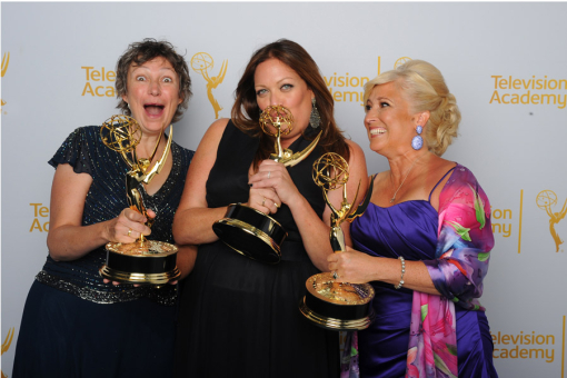 Stephanie Gorin (left), Rachel Tenner and Jackie Lind celebrate at the 2014 Primetime Creative Arts Emmys.