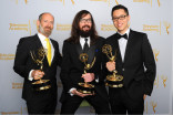 Disney Mickey Mouse writing team members Paul Rudish (l), Derek Dressler (c) and Alonso Ramirez Ramos (r) celebrate their win at the 2014 Primetime Creative Arts Emmys.