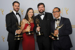(From left) Aaron Koblin, Jenny Ramaswamy, Doug Fritz, and Jono Brandel celebrate at the 2014 Primetime Creative Arts Emmys.