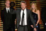 30 For 30 Shorts producers Dan Silver (l), Tate Donovan (c) and Maura Mandt accept an award at the 2014 Primetime Creative Arts Emmys.